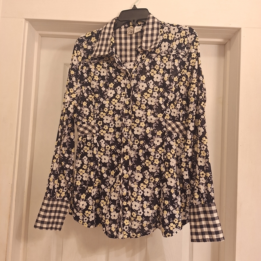 BKE Floral and Checkered Button Down Shirt - Black, White, Yellow Size Large